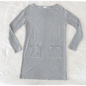 J Jill XS Grey White Striped Long Sleeve Pocket Tunic Top Mini Dress Boat Neck